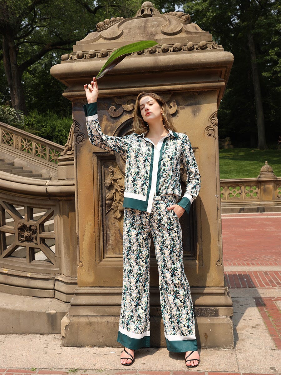 Floral Print Wide Leg Pajama Pants PANTS Gracia Fashion GREEN S 