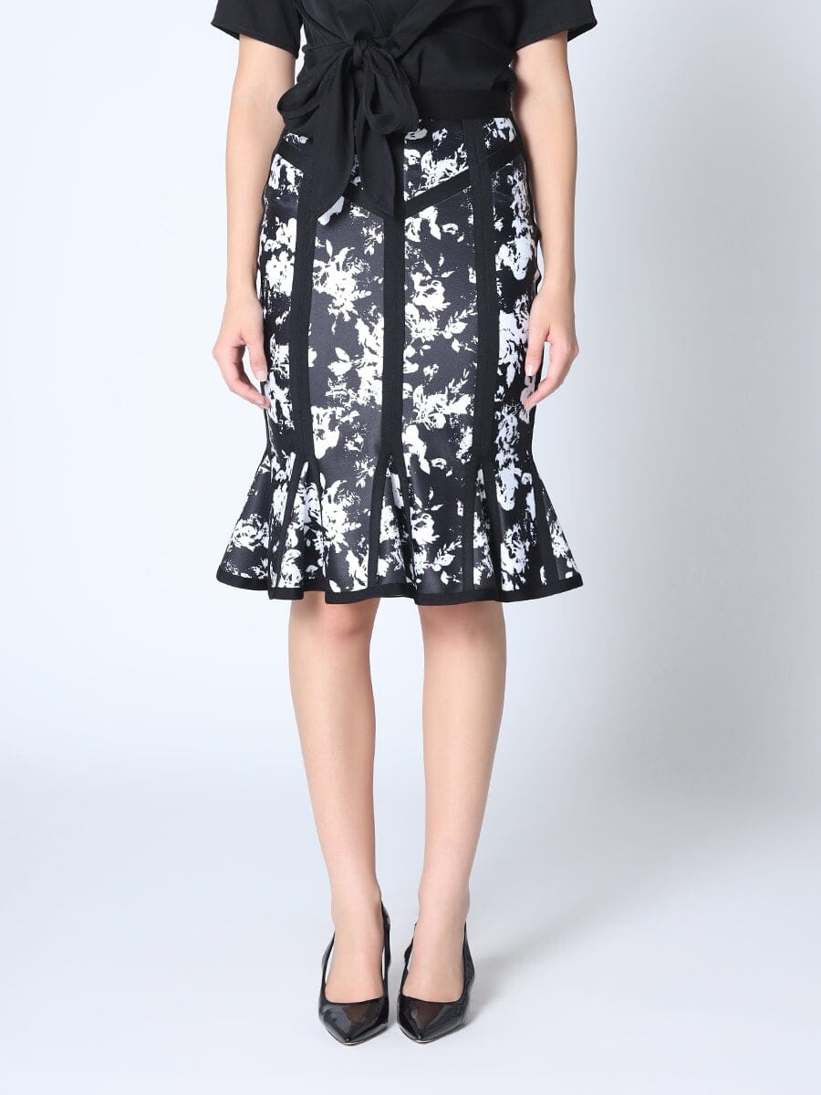 Floral Print with Binding Midi Mermaid Skirt SKIRT Gracia Fashion BLACK S 