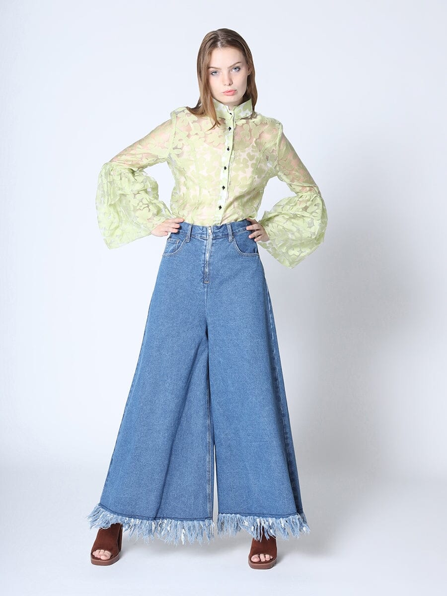 Floral Printed Chiffon Blouse with Bell Sleeves TOP Gracia Fashion GREEN S 