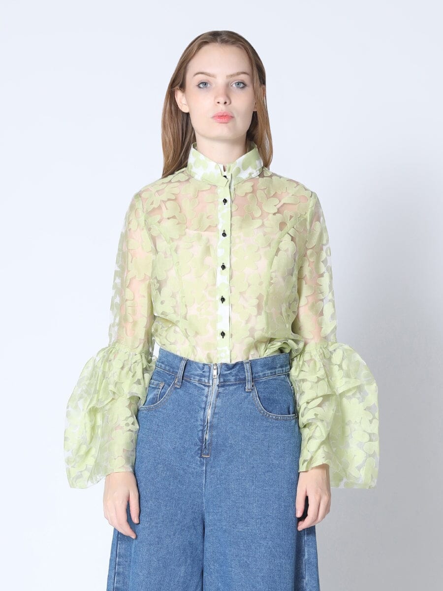 Floral Printed Chiffon Blouse with Bell Sleeves TOP Gracia Fashion GREEN S 