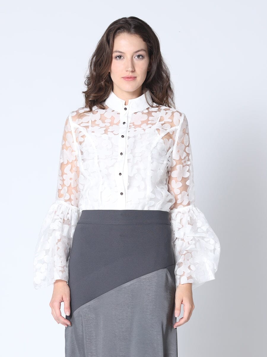 Floral Printed Chiffon Blouse with Bell Sleeves TOP Gracia Fashion WHITE S 