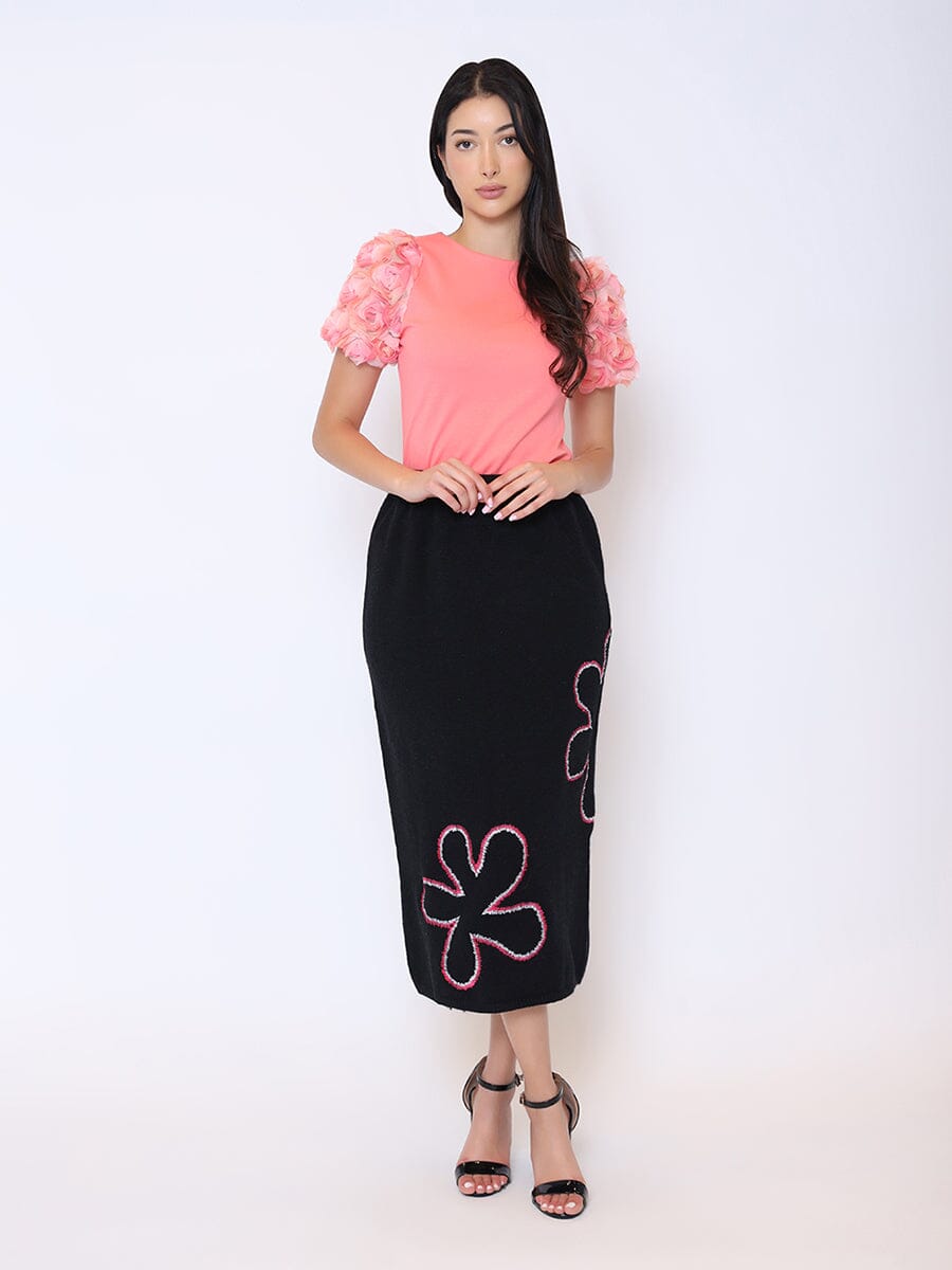 Floral Printed Knit Pencil Skirt SKIRT Gracia Fashion BLACK S 