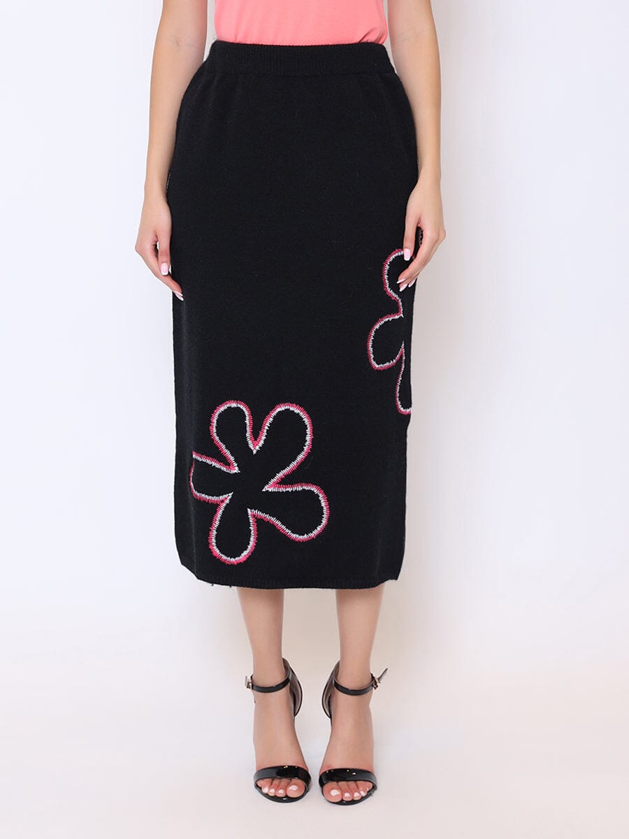 Floral Printed Knit Pencil Skirt SKIRT Gracia Fashion BLACK S 