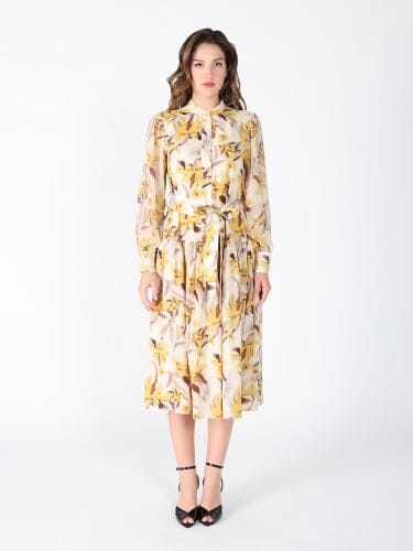 Floral Printed Long Sleeve Belt Dress DRESS Gracia Fashion MUSTARD S 