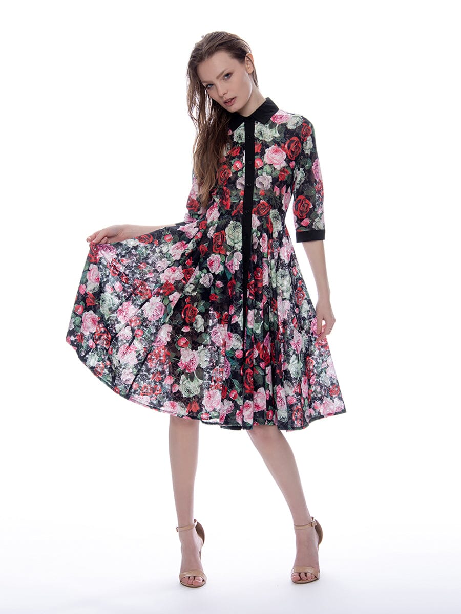 Floral Printed Mesh Button-Down A-Line Dress DRESS Gracia Fashion BLACK S 