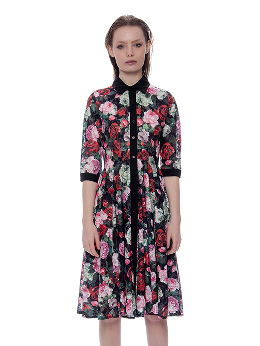 Floral Printed Mesh Button-Down A-Line Dress DRESS Gracia Fashion BLACK S 