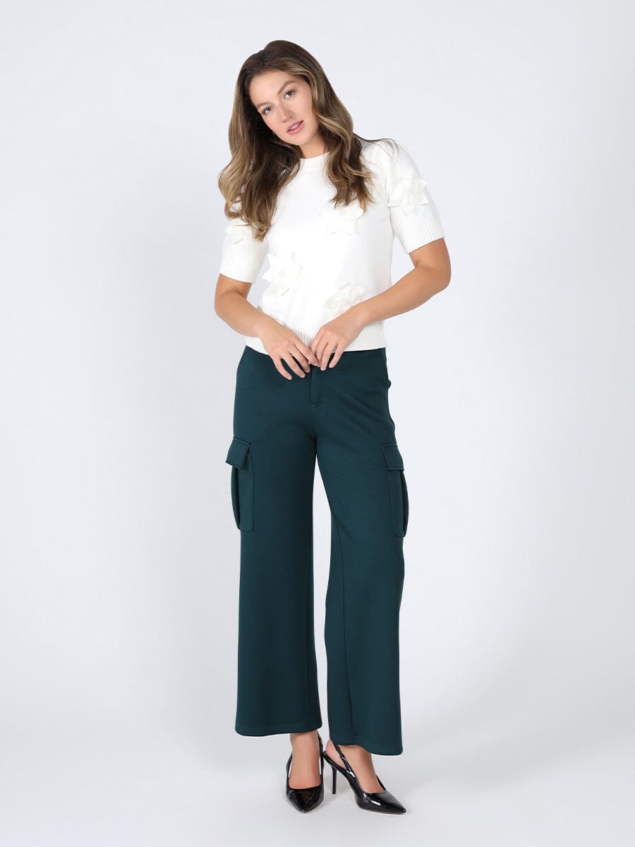 Floral rib neck knit top TOP Gracia Fashion WHITE S 