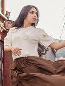 Floral rib neck knit top TOP Gracia Fashion WHITE S 