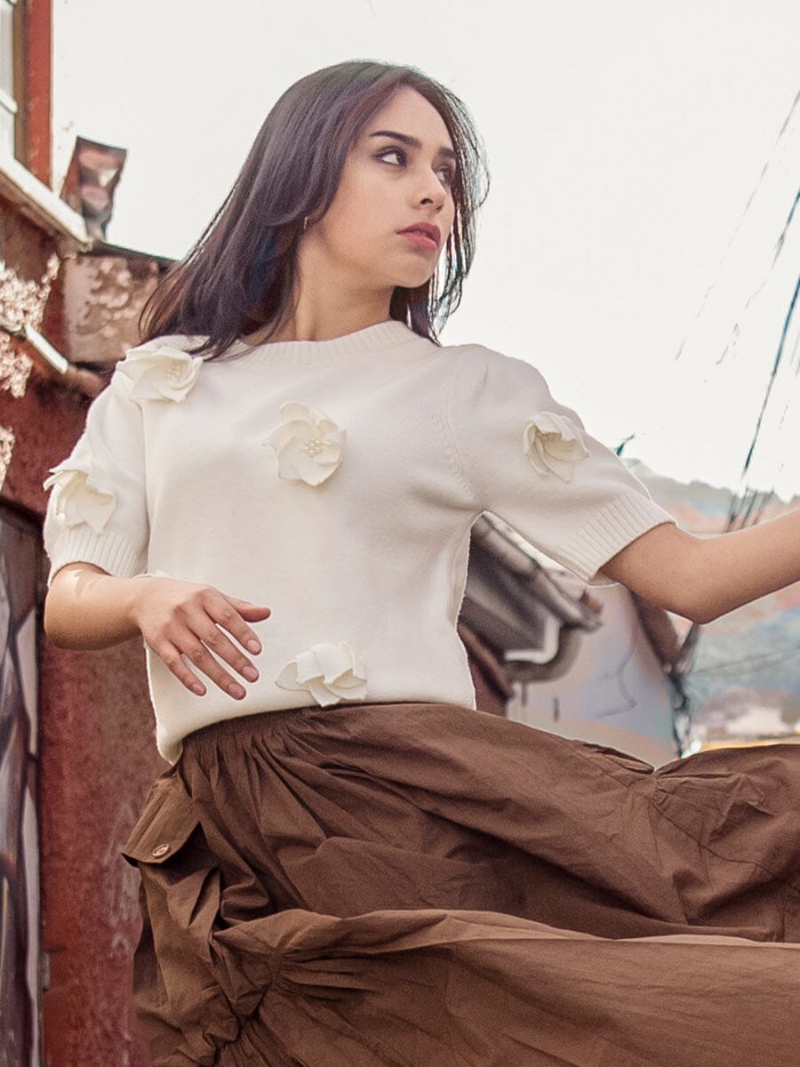 Floral rib neck knit top TOP Gracia Fashion WHITE S 