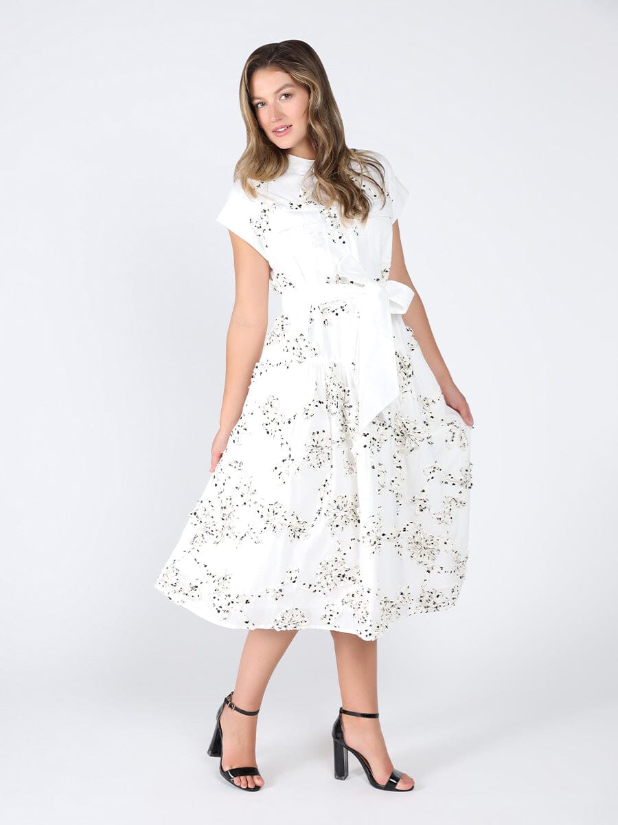 Floral ruffle work short sleeve belt dress DRESS Gracia Fashion WHITE S 