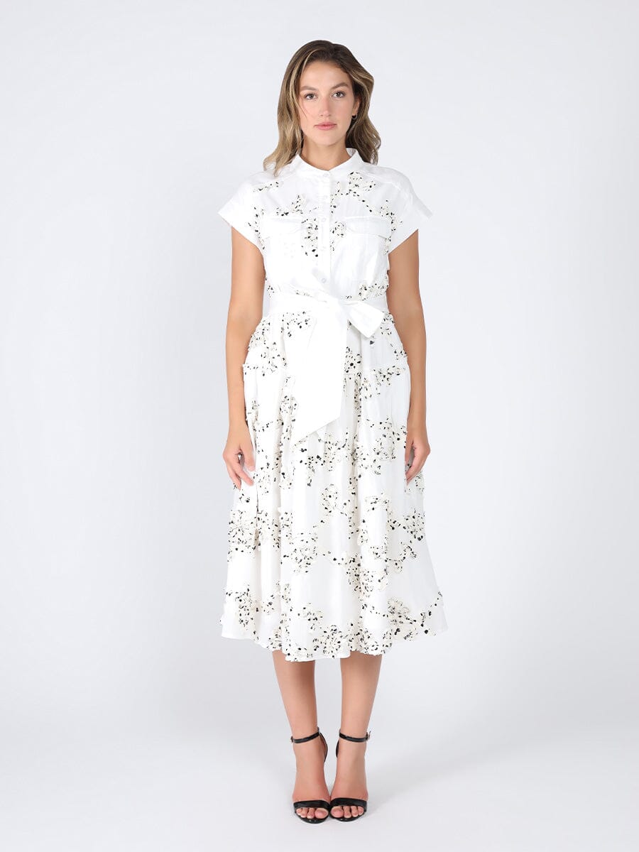 Floral ruffle work short sleeve belt dress DRESS Gracia Fashion WHITE S 