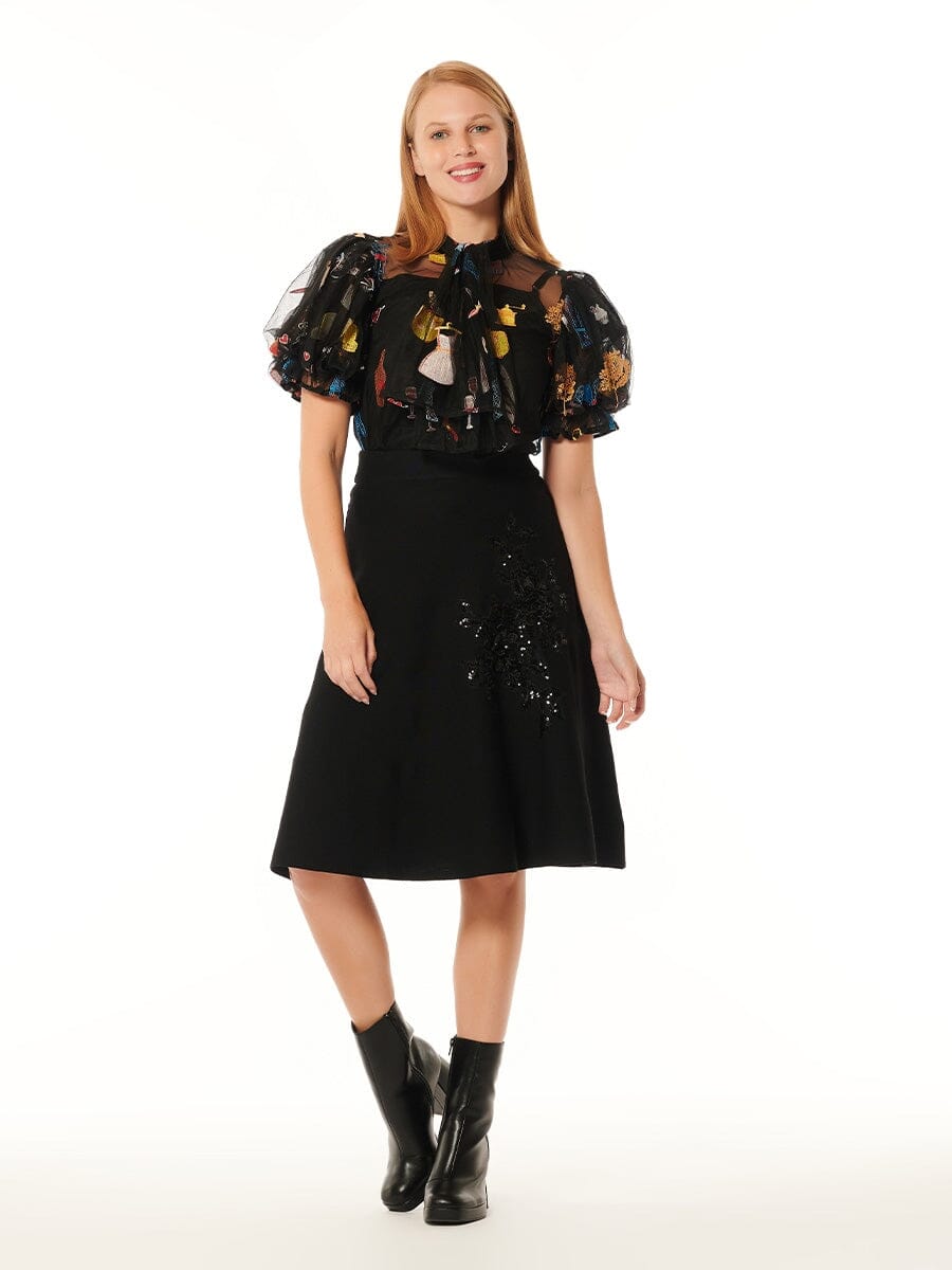 Floral Sequin-Embroidered Tea-Length Ribbed Skirt SKIRT Gracia Fashion BLACK S 