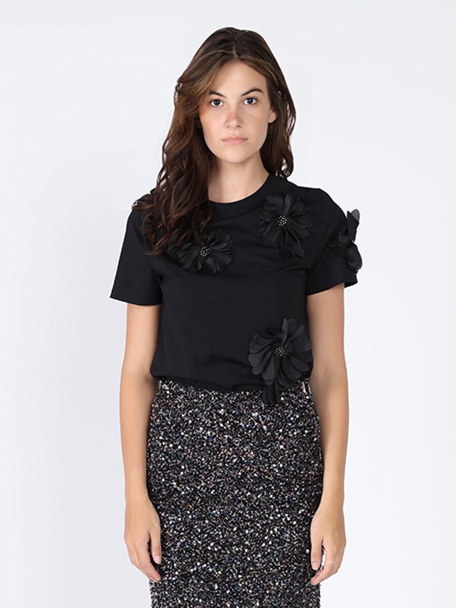 Floral Short Sleeve Round Neck T-shirt TOP Gracia Fashion BLACK S 