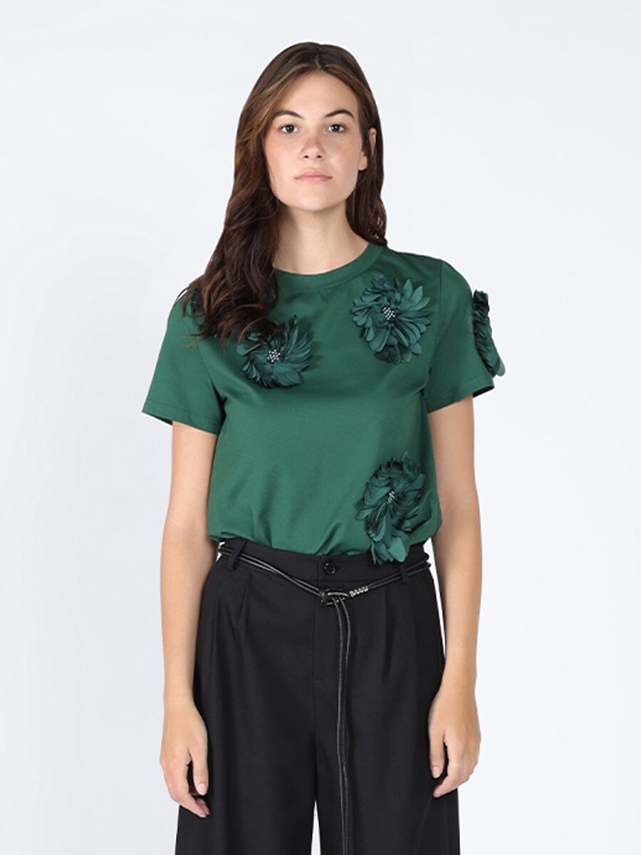 Floral Short Sleeve Round Neck T-shirt TOP Gracia Fashion GREEN S 