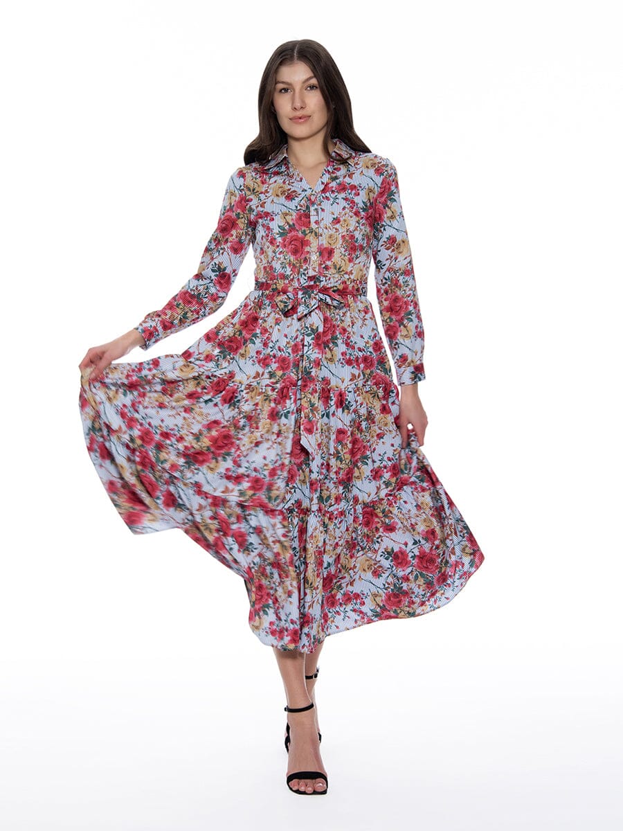 Floral Stripe Printed Tie-Belted Long Sleeve Dress DRESS Gracia Fashion BLUE S 
