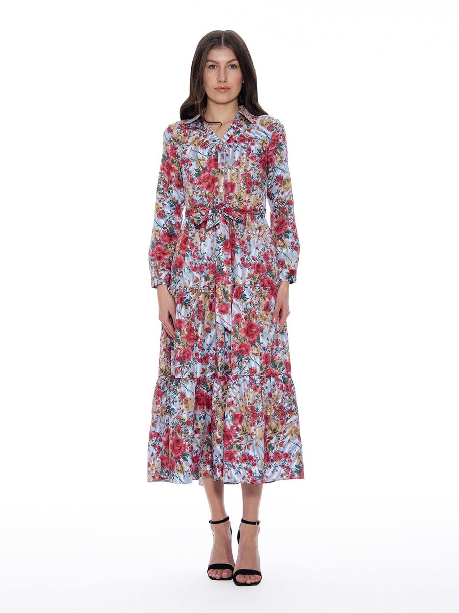 Floral Stripe Printed Tie-Belted Long Sleeve Dress DRESS Gracia Fashion BLUE S 