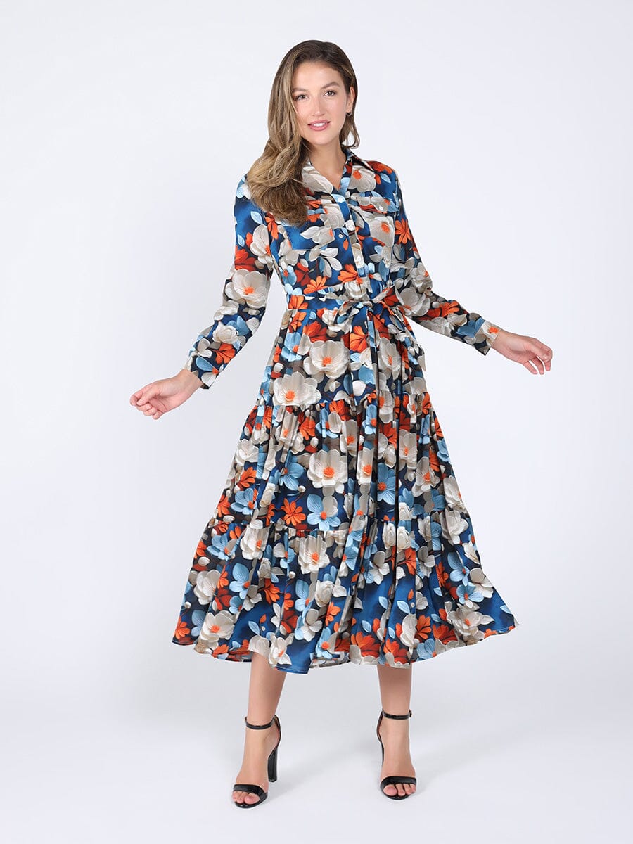 Floral Tiered Maxi Shirt Dress DRESS Gracia Fashion BLUE S 