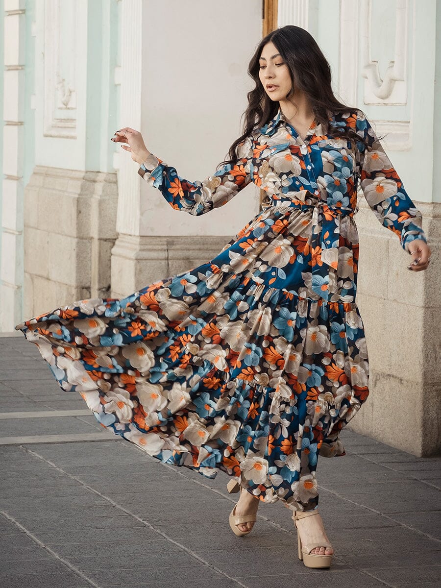 Floral Tiered Maxi Shirt Dress DRESS Gracia Fashion BLUE S 