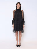 Flounce Sleeve Mesh Sparkling Mock Neck Dress DRESS Gracia Fashion 