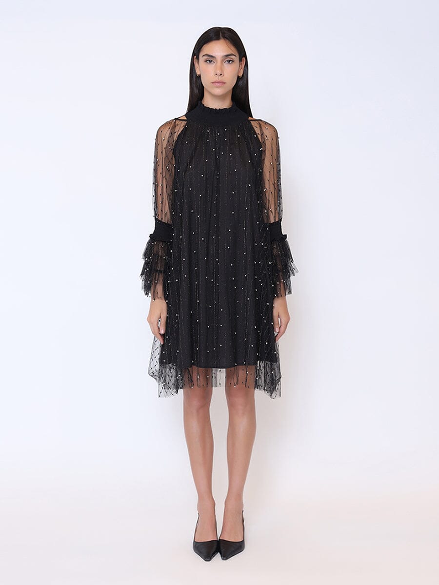 Flounce Sleeve Mesh Sparkling Mock Neck Dress DRESS Gracia Fashion BLACK S 
