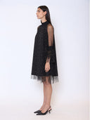 Flounce Sleeve Mesh Sparkling Mock Neck Dress DRESS Gracia Fashion 