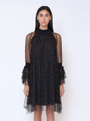 Flounce Sleeve Mesh Sparkling Mock Neck Dress DRESS Gracia Fashion BLACK S 