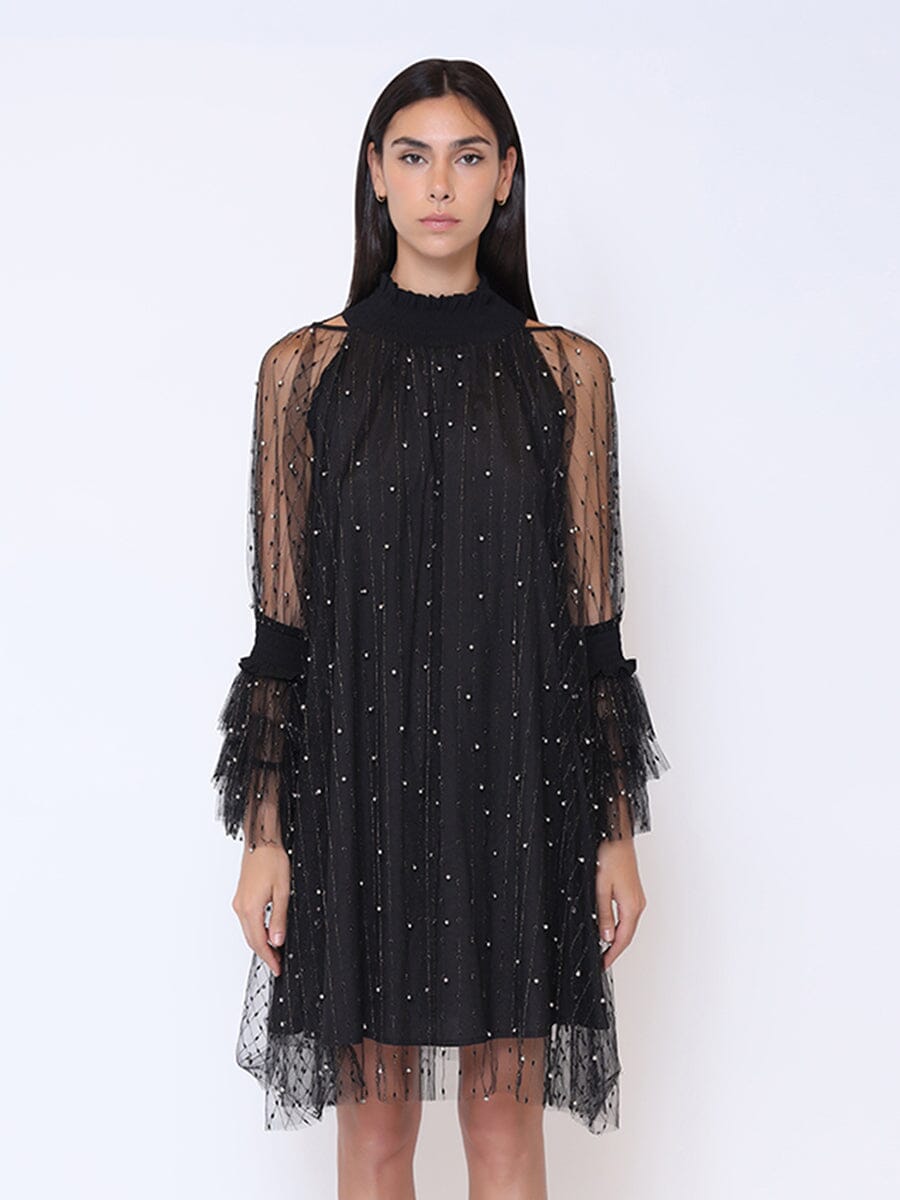 Flounce Sleeve Mesh Sparkling Mock Neck Dress DRESS Gracia Fashion BLACK S 
