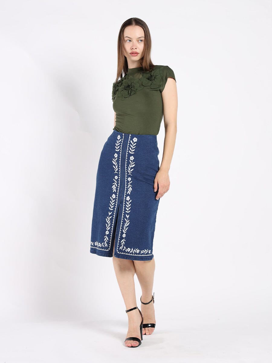 Flower Applique Mock neck Cap Sleeve Top TOP Gracia Fashion OLIVE S 