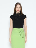 Flower Applique Mock Neck Cap Sleeve Top TOP Gracia Fashion BLACK S 