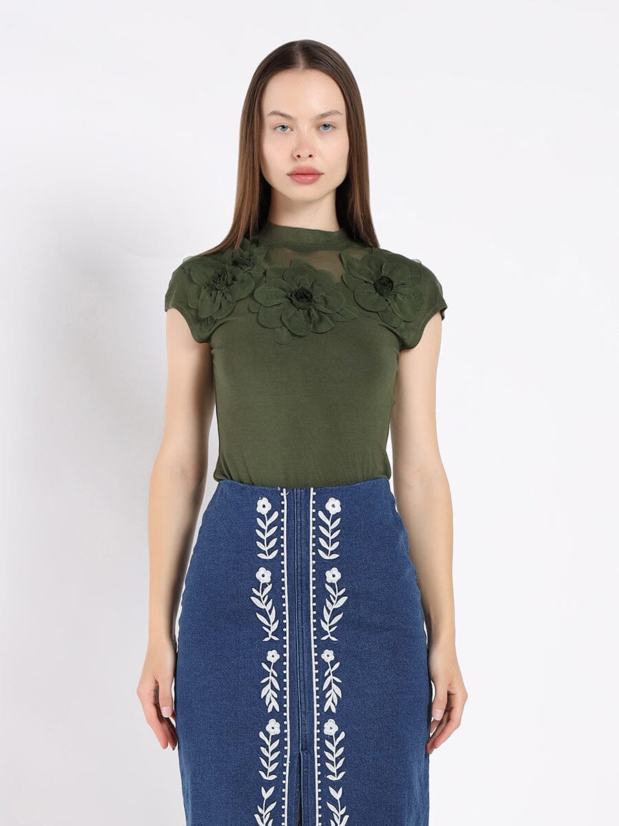 Flower Applique Mock neck Cap Sleeve Top TOP Gracia Fashion OLIVE S 
