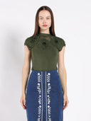 Flower Applique Mock Neck Cap Sleeve Top TOP Gracia Fashion OLIVE S 