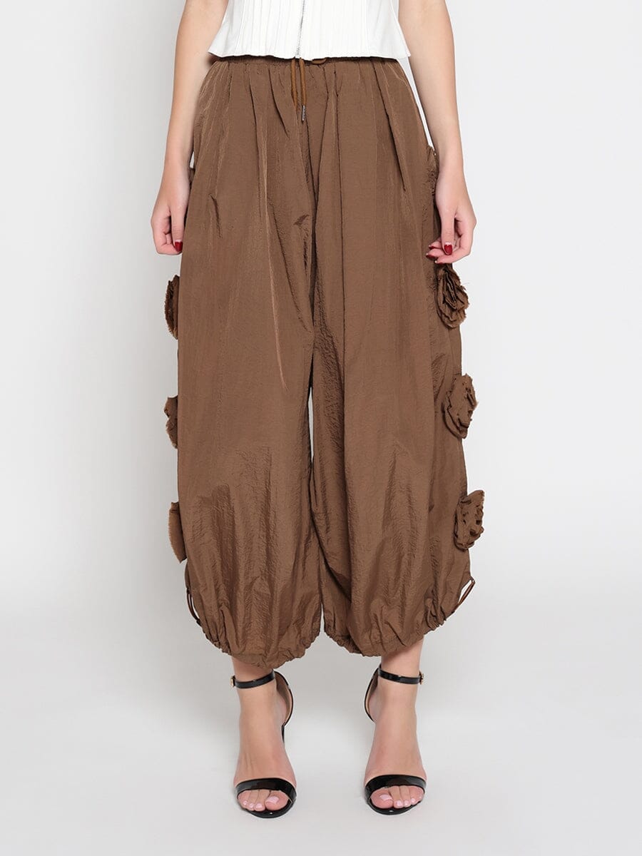 Flower Applique Parachute Pants PANTS Gracia Fashion BROWN S 