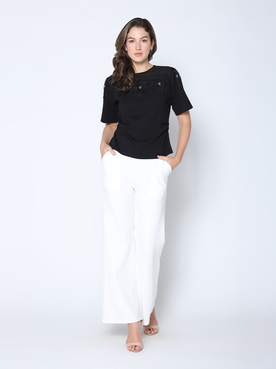 Flower Applique Ruched Sides T-Shirt TOP Gracia Fashion BLACK S 