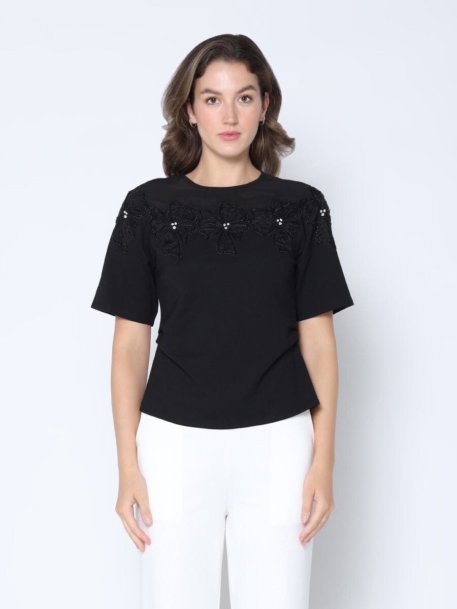 Flower Applique Ruched Sides T-Shirt TOP Gracia Fashion BLACK S 