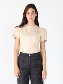 Flower Applique Short Sleeve Crew Neck Top TOP Gracia Fashion BEIGE S 