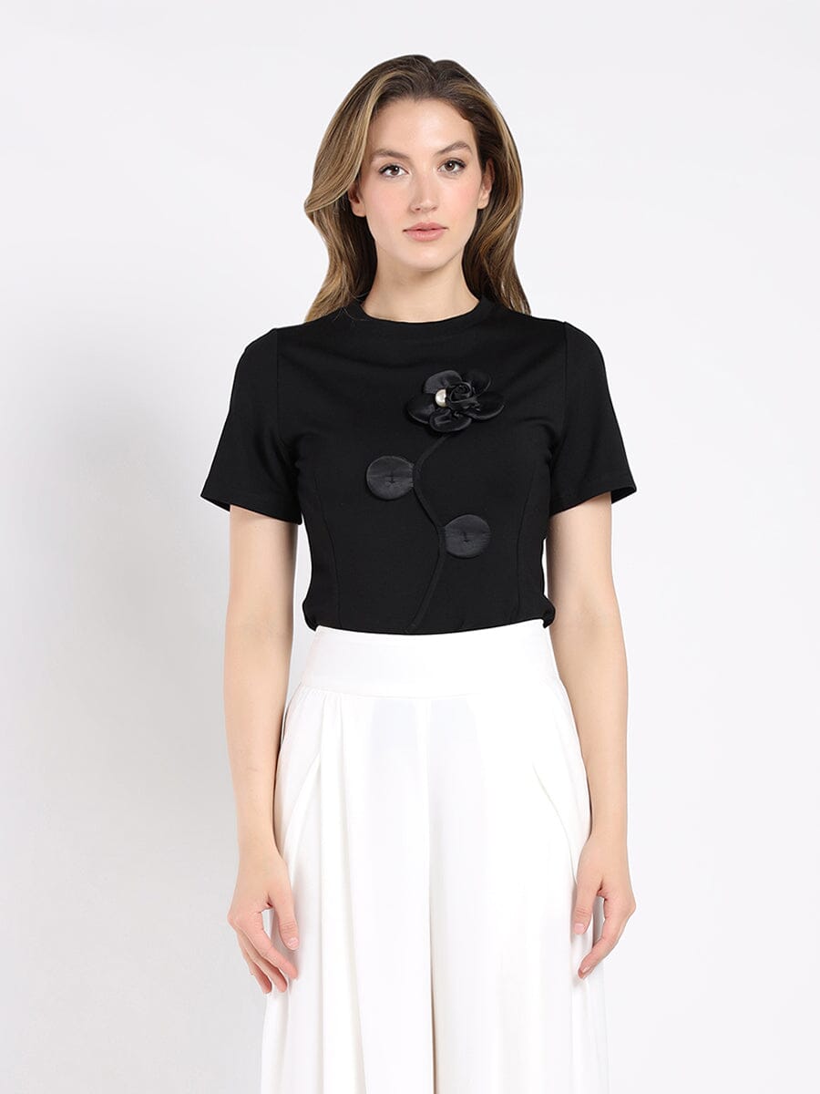 Flower Applique Short Sleeve Crew Neck Top TOP Gracia Fashion BLACK S 