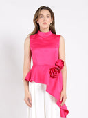 Flower Applique Sleeveless Asymmetrical Top TOP Gracia Fashion FUSHIA S 