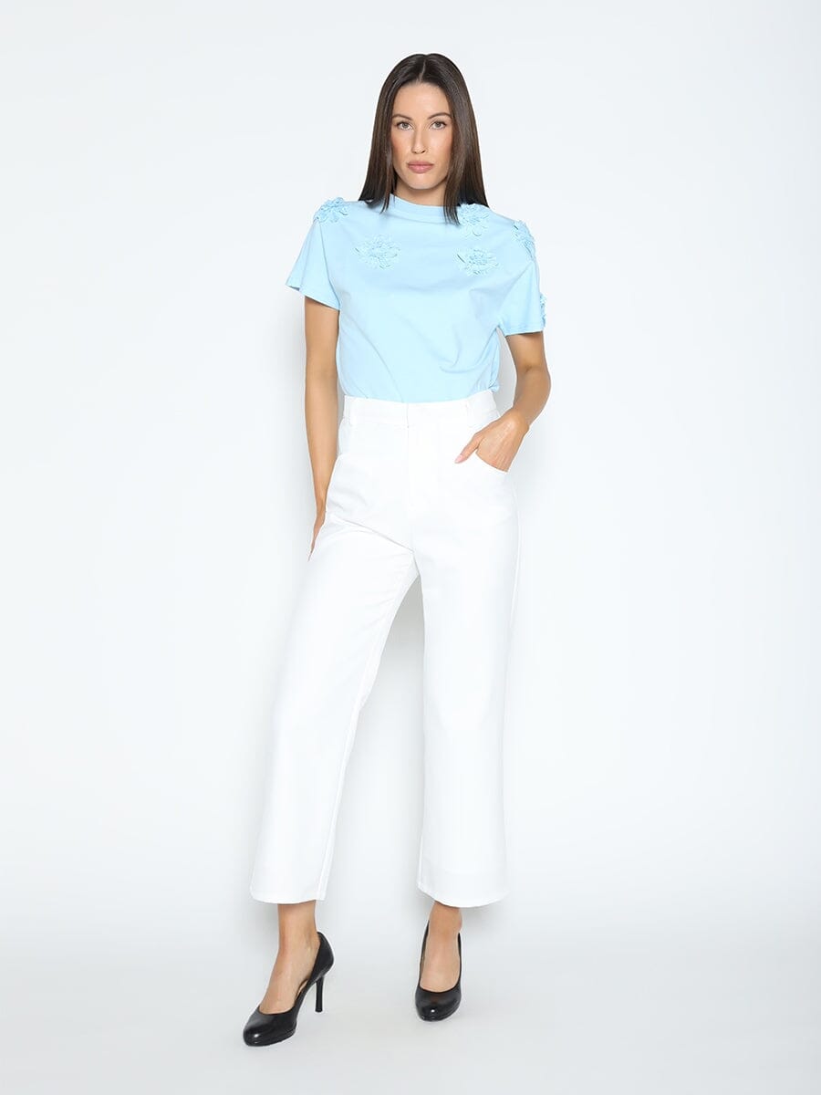 Flower Applique Solid Color T-Shirt TOP Gracia Fashion 