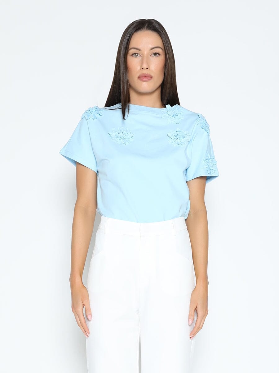 Flower Applique Solid Color T-Shirt TOP Gracia Fashion L/BLUE S 