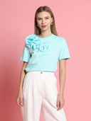 Flower Applique Solid Color T-Shirt TOP Gracia Fashion MINT S 