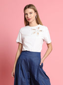 Flower cut out Solid Color T-Shirt TOP Gracia Fashion WHITE S 