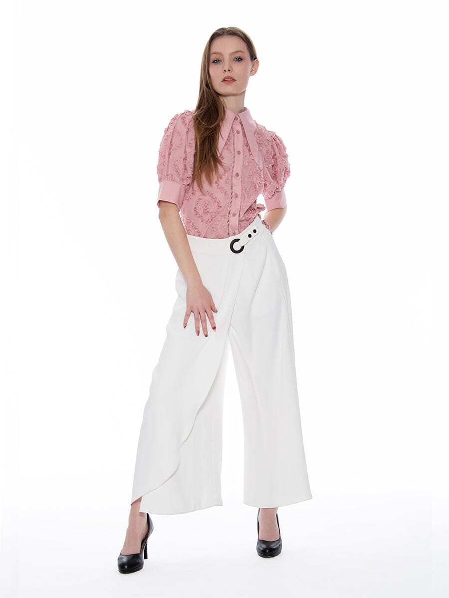 Flower Design Wing Collar Short Button-Down Shirt TOP Gracia Fashion PINK S 