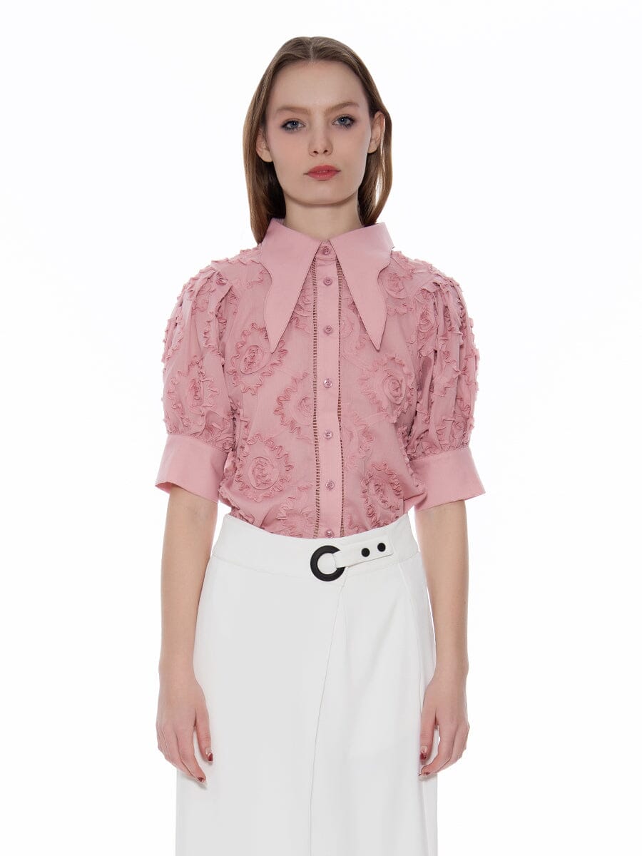 Flower Design Wing Collar Short Button-Down Shirt TOP Gracia Fashion PINK S 