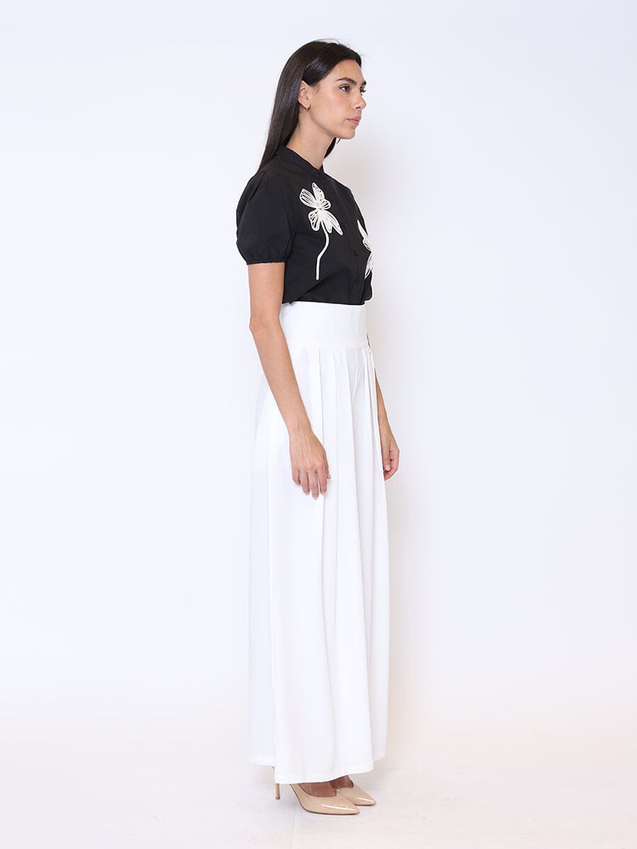 Flower Embroidered Button-Down Round Neck Shirt TOP Gracia Fashion 