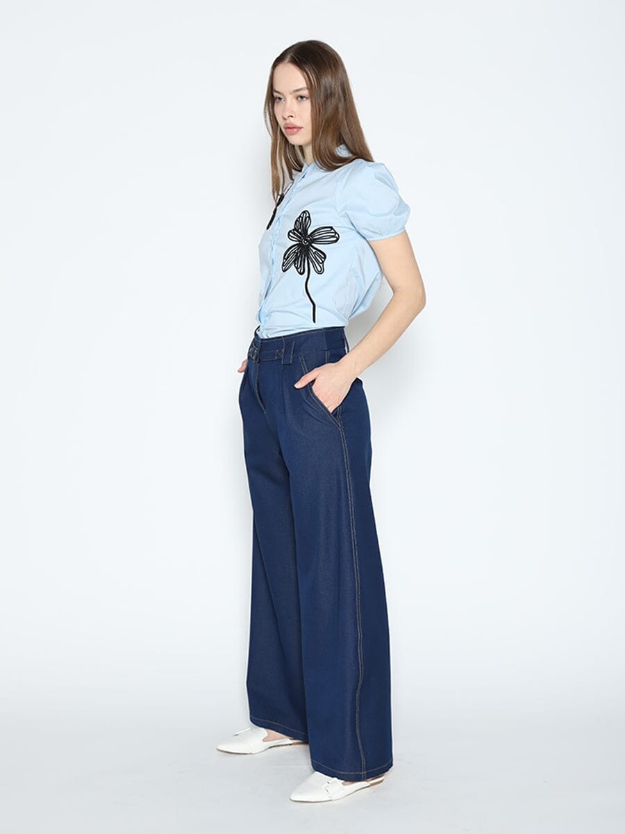 Flower Embroidered Button-Down Round Neck Shirt TOP Gracia Fashion 