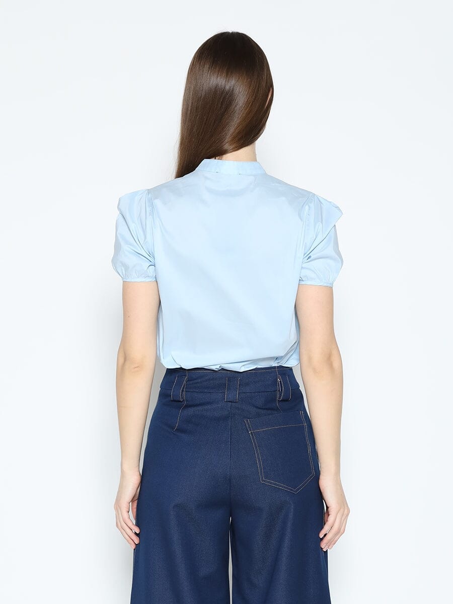 Flower Embroidered Button-Down Round Neck Shirt TOP Gracia Fashion 