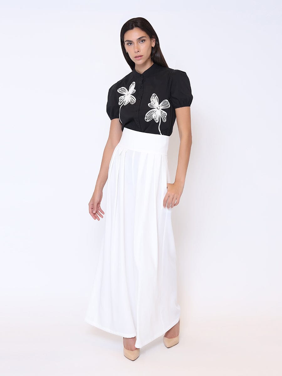Flower Embroidered Button-Down Round Neck Shirt TOP Gracia Fashion 