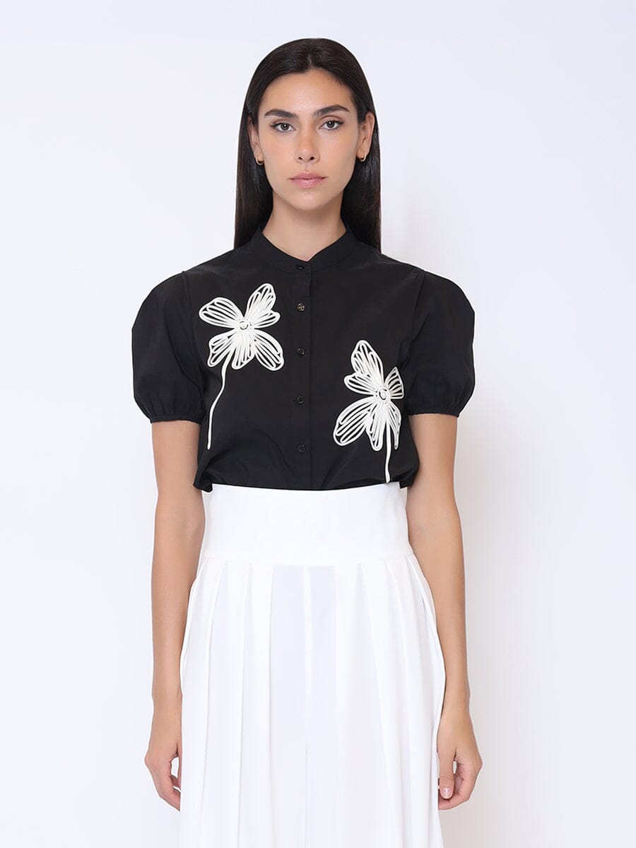 Flower Embroidered Button-Down Round Neck Shirt TOP Gracia Fashion BLACK S 