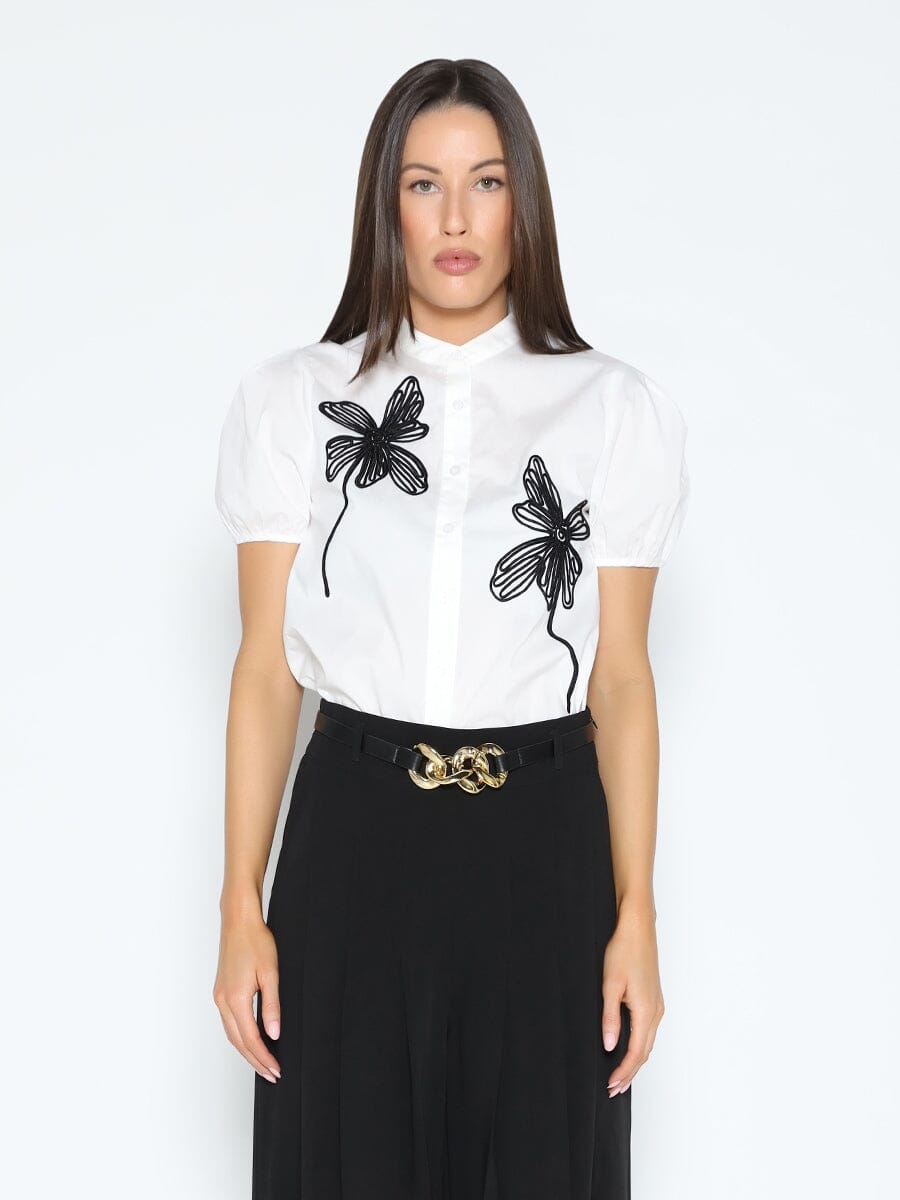 Flower Embroidered Button-Down Round Neck Shirt TOP Gracia Fashion WHITE S 