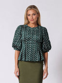 Flower Embroidered Puff Sleeve Peplum Style Blouse TOP Gracia Fashion GREEN S 